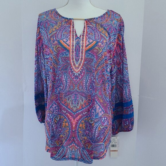 PLUS SIZE RUBY ROAD BRIGHT BLOOMS LACE TRIM PAISLEY BLOUSE SIZE 2X KEYHOLE NECK - Picture 3 of 14
